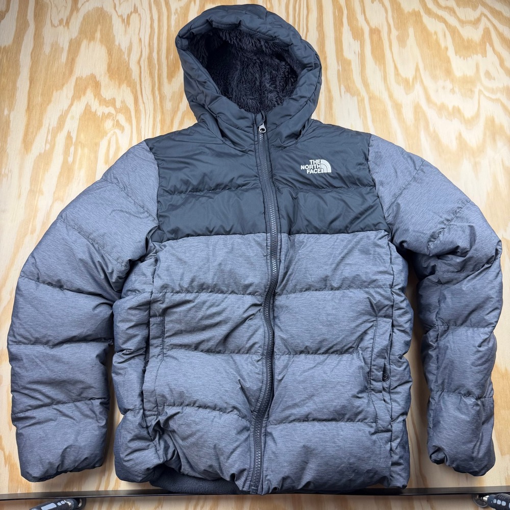 The North Face Youth L 14/16 550 Down Puffer Jacket Gray Black Sherpa Hood Coat